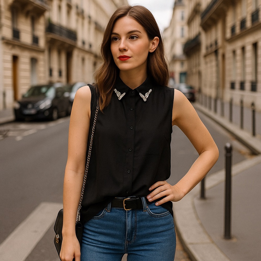 English rose chiffon sleeveless embellished collar open back shirt sep sale